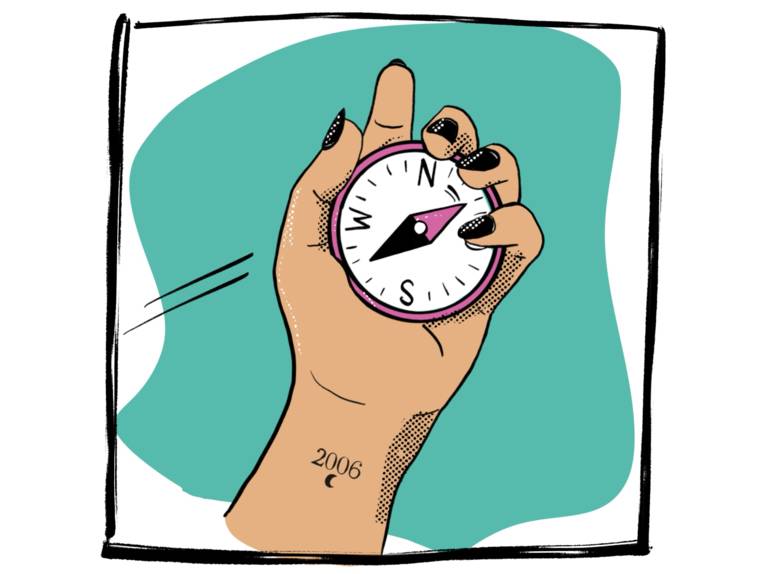 Zeichnung: Eine Hand hält einen Kompass