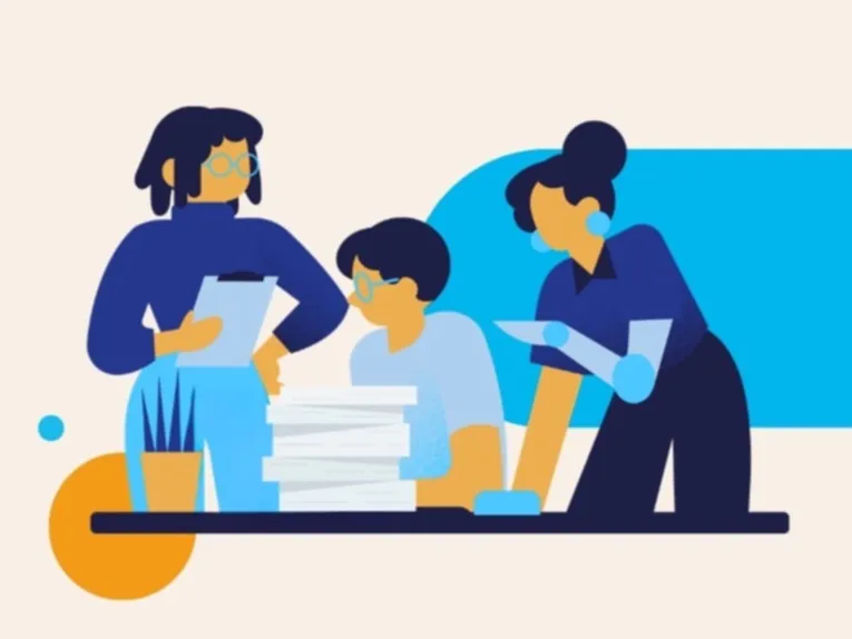 Illustration: Drei Personen interagieren an einem Schreibtisch