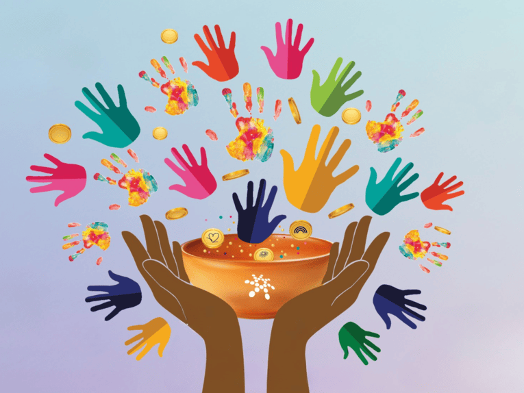 Grafik mit Händen in verschiedenen Farben, die eine Schale mit Geld halten.