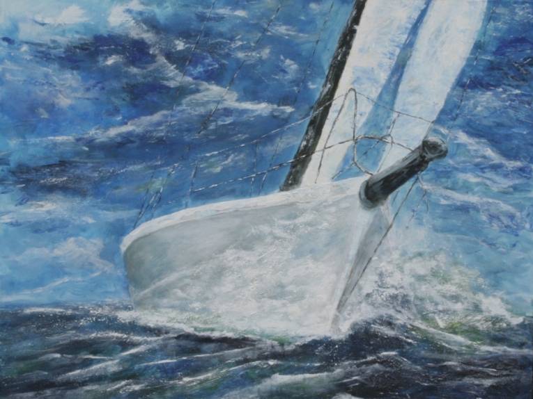 Zu sehen ist eine Malerei von Herbert Buß: Ein Segelschiff auf rauer See vor blauem Himmel.