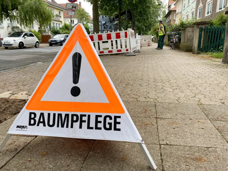 Ein "Baumpflege"-Schild auf einem Weg.