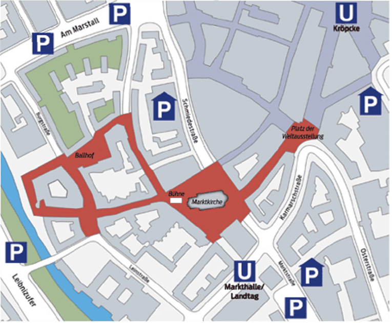 Eine Übersichtskarte der Innenstadt rund um die Marktkirche mit Flächen des Weihnachtsmarktes (Platz der Weltausstellung bis Schmiedestraße, Burgstraße, rund um den Ballhof) und Parkmöglichkeiten (Am Marstall, Parkhaus Schmiedestraße, Parken am Leibnizufer, U-Bahn-Haltestellen Markthalle / Landtag und Kröpcke, Parkhaus Markstraße und Tiefgarage Kröpcke/Oper).