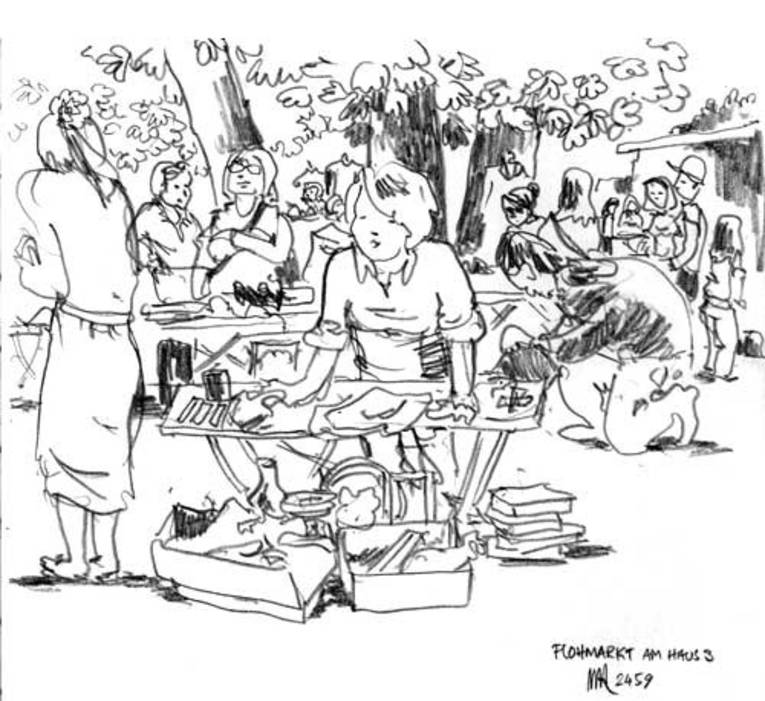Zeichnung einer Flohmarktszene