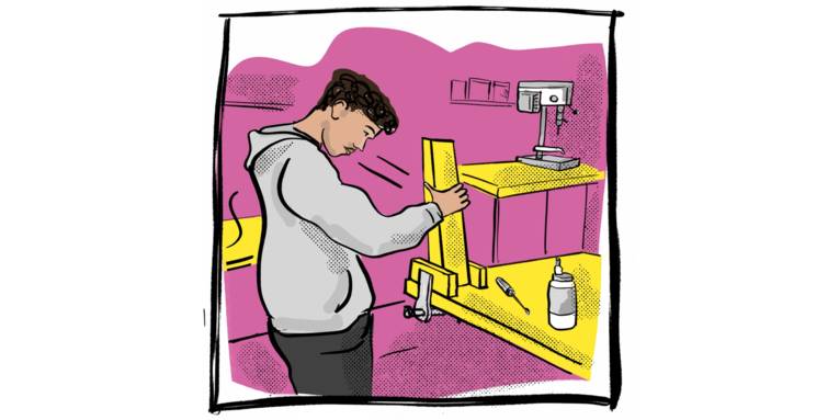 Zeichnung: Eine Person arbeitet an einer Werkbank
