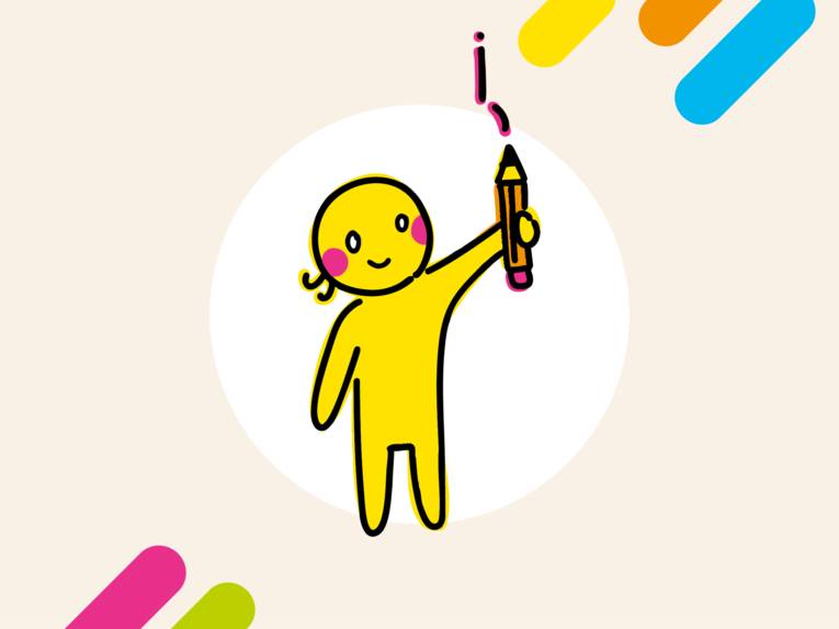 Strichmännchen mit einem Stift in der Hand.