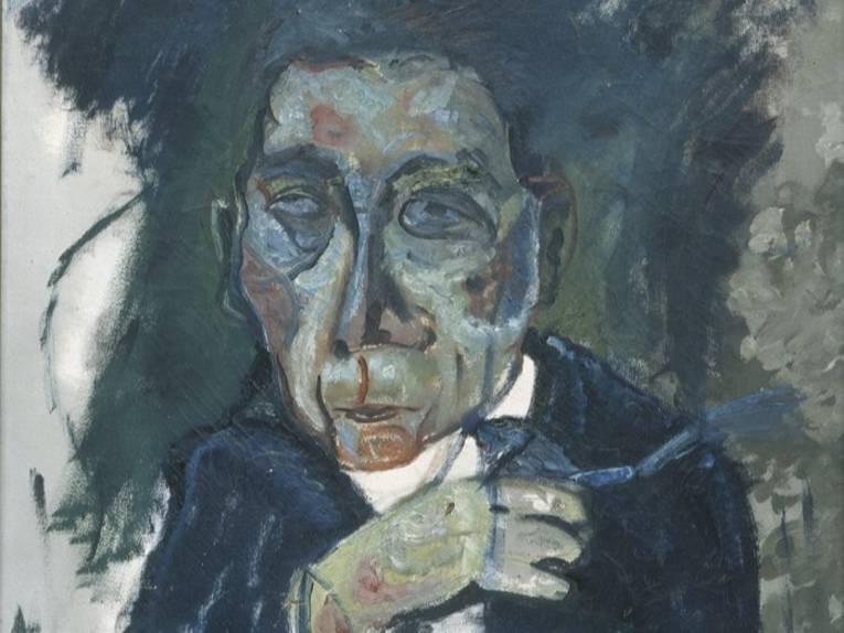 Zu sehen ist eine expressionistische Portrait-Malerei von Hans Koch, gemalt von Otto Gleichmann, das in den Farben Grau und Blau gehalten ist.