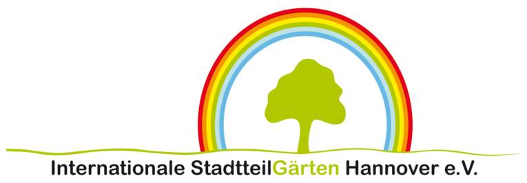 Ein Logo. Ein etwas mehr als halbrunder Regenbogen über einem grünen Baum. Darunter der Text: Internationale Stadtteilgärten Hannover e.V.