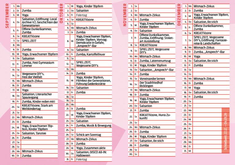 Kalender September bis Dezember 2025