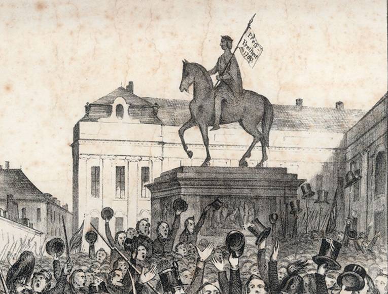 Politische Karikatur. Der 14. März 1848 "Aufhebung der Zensur", Proklamation zu Füßen eines Reiterstandbildes, Lithografie, 1848. (Bildausschnitt)