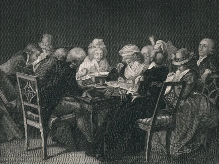 „Abendkreis der Herzogin Amalie“ Abendgesellschaft, einschließlich Goethe (von hinten) und Herder. Um einen Tisch versammelt, beim Zeichnen, Lesen, Sticken etc.