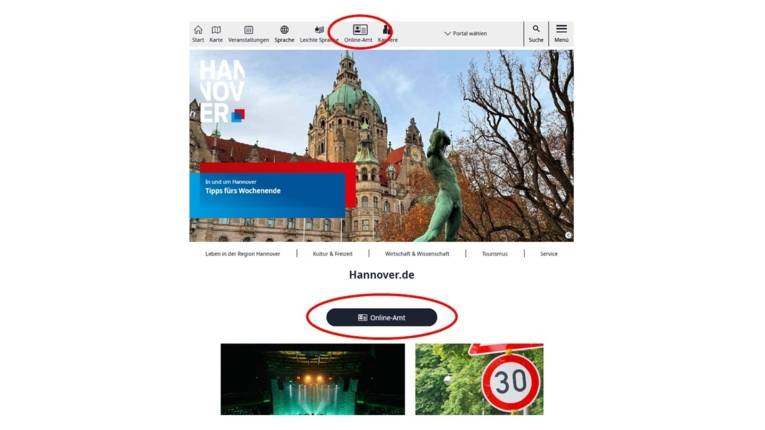 Screenshot von der Startseite mit Markierung des Online-Amts