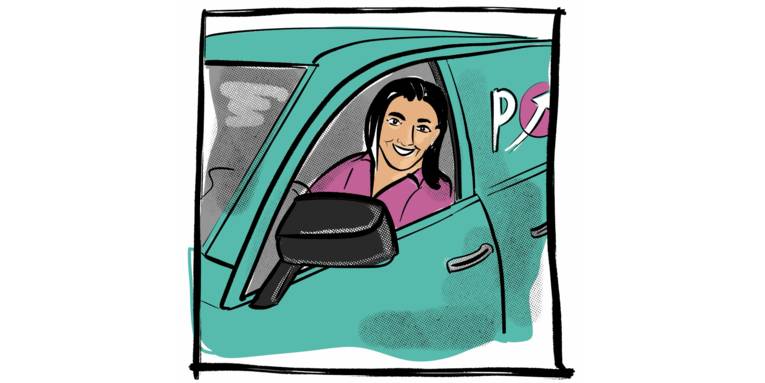 Zeichnung: Eine Person fährt ein Auto und schaut aus dem geöffneten Fenster heraus.