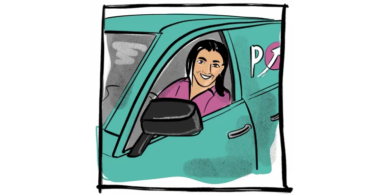 Zeichnung: Eine Person fährt ein Auto und schaut aus dem geöffneten Fenster heraus.