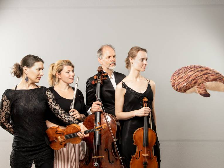 Vier Musiker mit Streichinstrumenten blicken auf ein schwebendes Stofftier