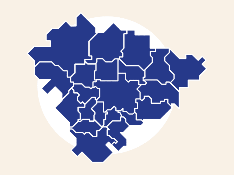 Karte mit den Umrissen aller 21 Kommunen der Region Hannover.
