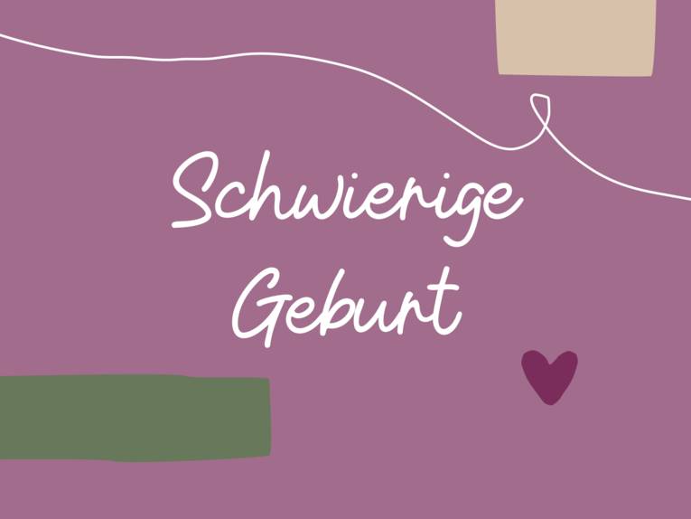 Grafik mit farbigem Text auf farbigem Hintergrund und gestalterischen Elementen, dort steht: "Schwierige Geburt"