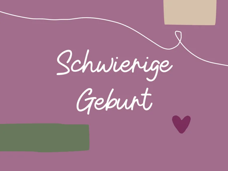 Grafik mit farbigem Text auf farbigem Hintergrund und gestalterischen Elementen, dort steht: "Schwierige Geburt"