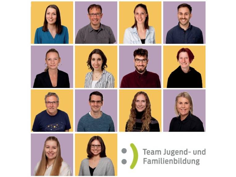 Collage aus 14 Einzelporträts von Mitarbeiter*innen des Teams Jugend- und Familienbildung der Region Hannover.