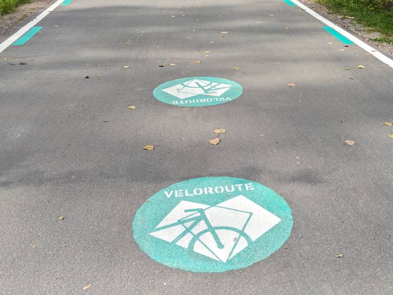 Ein türkieses Zeichen mit einem Fahrrad auf einen asphaltierten Weg gemalt.