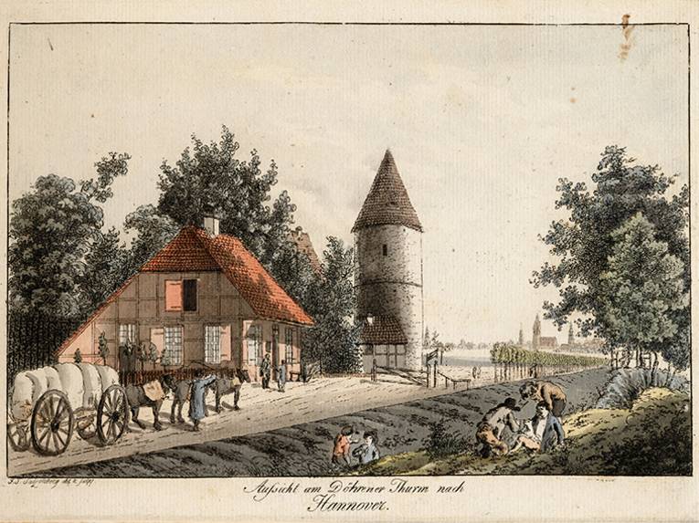 Aussicht am Döhrener Turm nach Hannover, Kolorierter Kupferstich von Salzenberg, um 1810