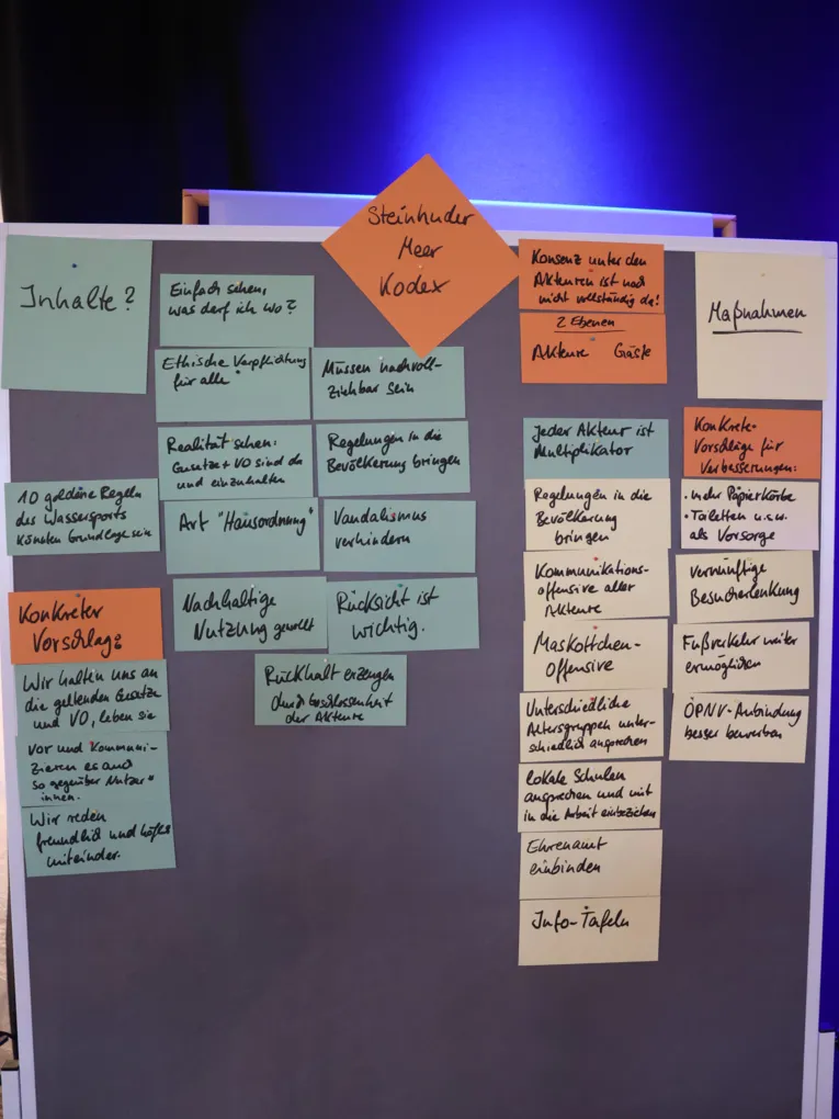 Auf Moderationsk&auml;rtchen stehen die Ergebnisse eines Workshops. Die K&auml;rtchen sind an eine Metaplanwand gepinnt.