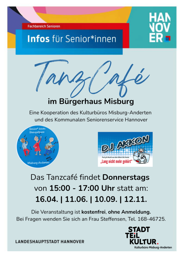 Tanz-Café Plakat mit Eckdaten und Symbol des Stempelpasses und des DJ Akkon mit dem Motto "Lang nicht mehr gehört"