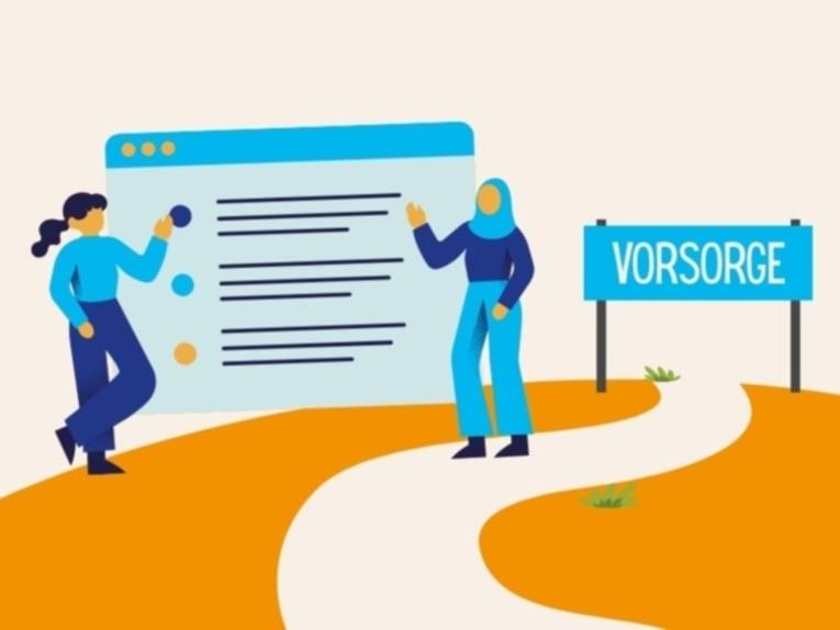 Illustration: Zwei Personen stehen an einer Strecke und zeigen etwas in einem Dokument, im Ziel der Strecke steht "Vorsorge"