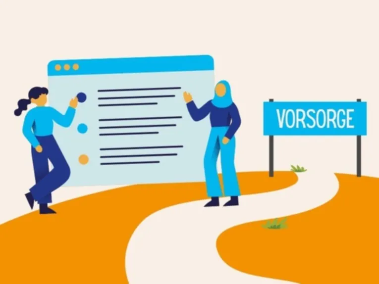 Illustration: Zwei Personen stehen an einer Strecke und zeigen etwas in einem Dokument, im Ziel der Strecke steht "Vorsorge"