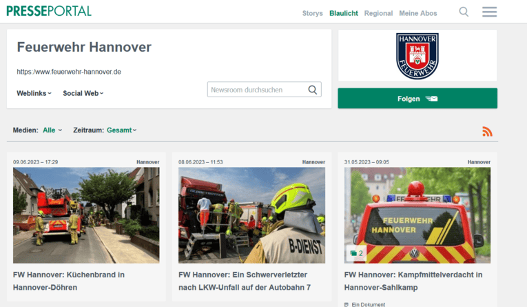 Ausschnit Internetseite Pressportal der Feuerwehr Hannover