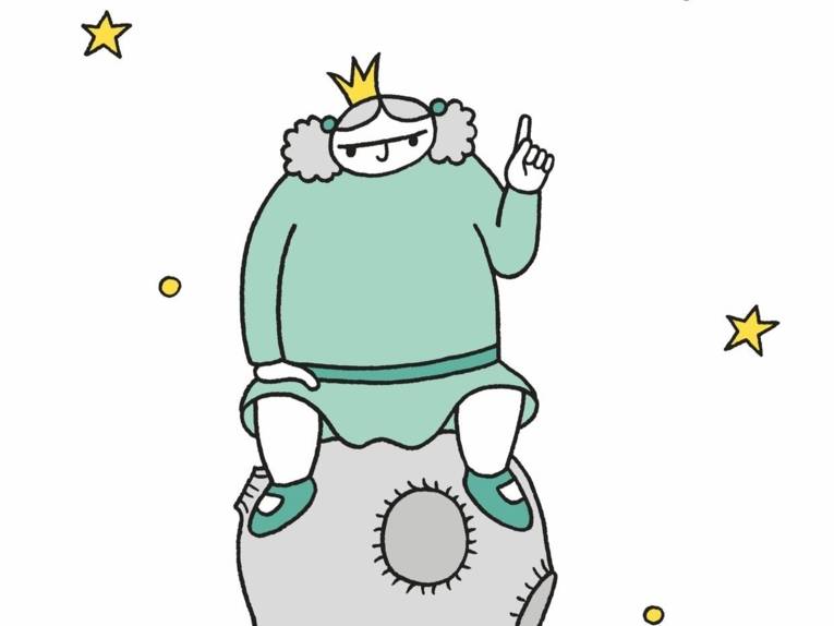 Zu sehen ist eine Zeichnung von Katharina Greve. Eine minimalistische Zeichnung einer Prinzessin, de auf dem Mond sitzt. Der Stil erinnert an den kleinen Prinzen