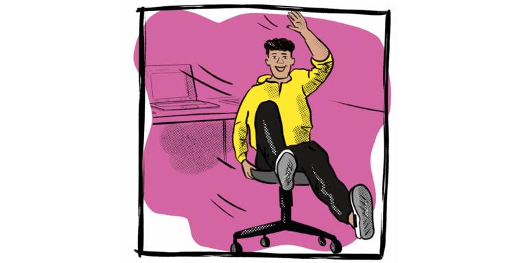 Zeichnung: Eine Person sitzt auf einem Bürostuhl und rollt darauf durch ein Büro