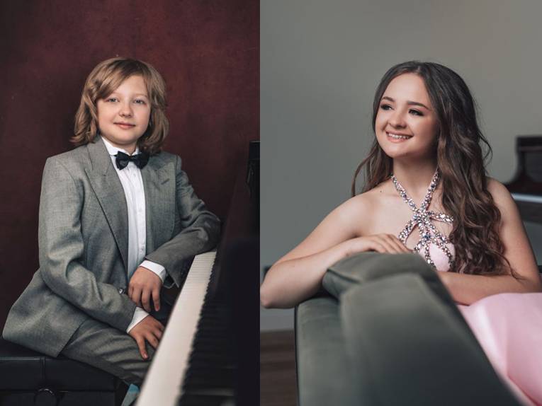 Eine Fotocollage: links der Pianist Philip Hahn, rechts seine Schwester Laetitia Hahn