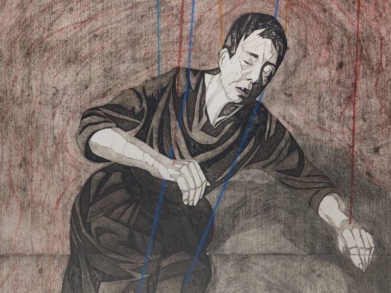 Zu sehen ist eine Grafik von Michaela Wheater einer Person, die wie eine Marionette an roten und blauen Fäden hängt.