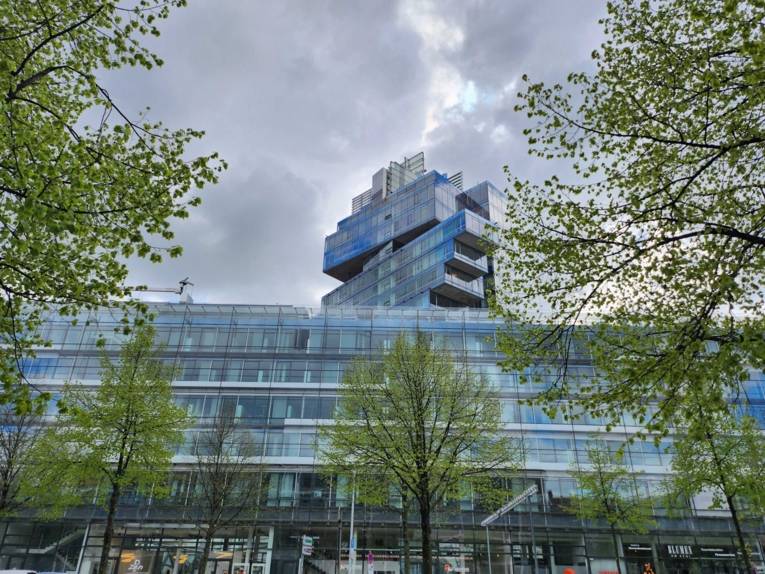 Grüne Bäume stehen vor einer Glasfassade eines Gebäudes.