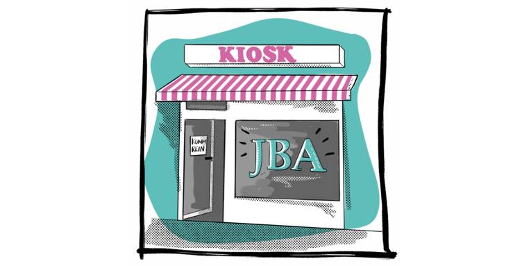 Zeichnung: Über einem Laden steht "Kiosk" und im Schaufenster "JBA"