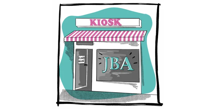 Zeichnung: Über einem Laden steht "Kiosk" und im Schaufenster "JBA"