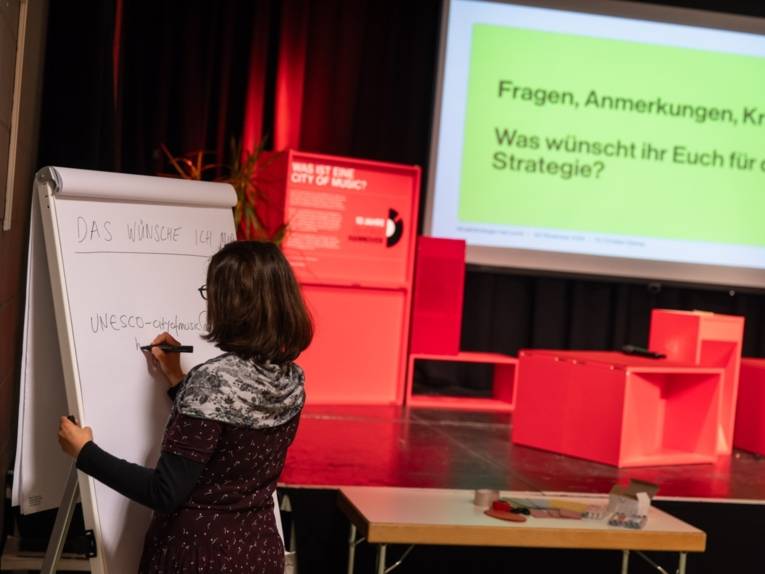 Eine Frau steht an einem Flipchart und schreibt.