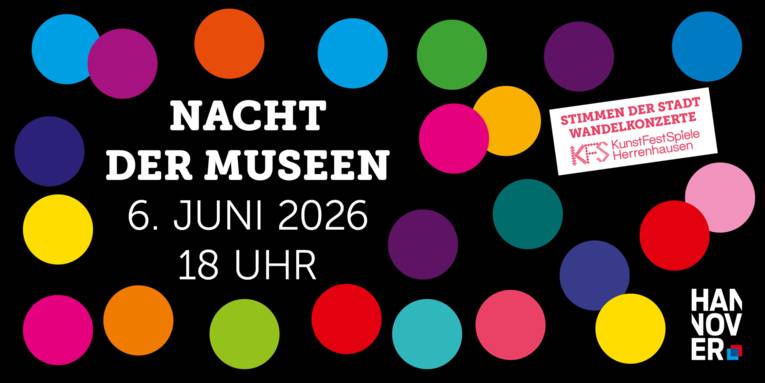 Schwarzer Hintergrund, viele bunte Kreise und der Schriftzug Nacht der Museen