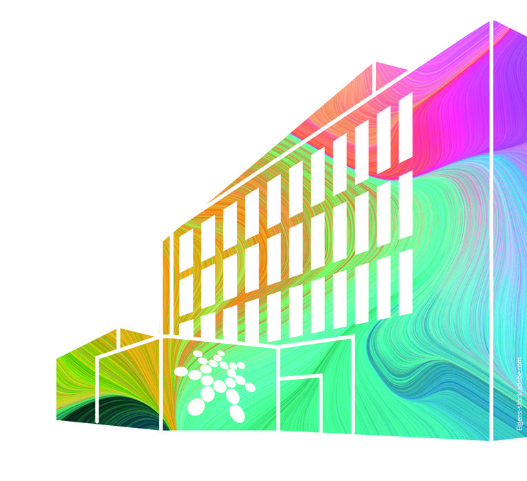Stilisierte Zeichnung des Regionshauses auf farbigem Hintergrund
