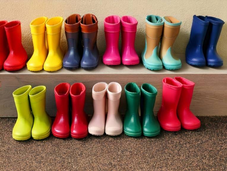 Viele bunte Paare kleine Kinder-Gummistiefel stehen vor einer Wand