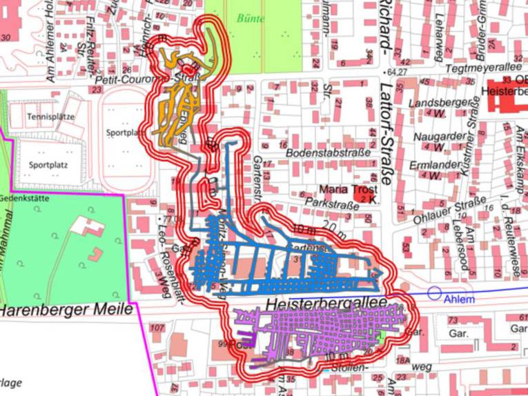 Stadtteilkarte mit blau, lila und gelb markierten Bereichen, an denen die ehemaligen Asphaltstollen unterirdisch liegen.