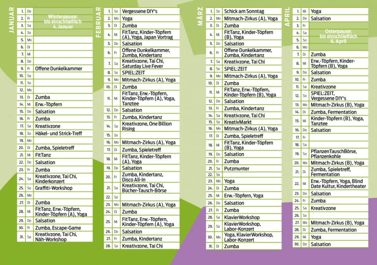 Programm Kalender Januar bis April Freizeitheim Linden