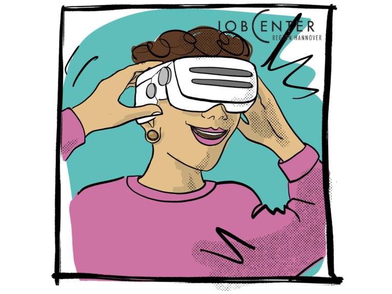 Zeichnung: Jemand trägt eine VR-Brille und bewegt sich in einer virtuellen Realität