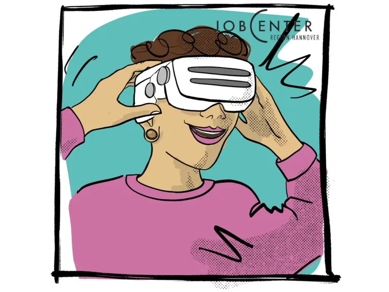 Zeichnung: Jemand trägt eine VR-Brille und bewegt sich in einer virtuellen Realität