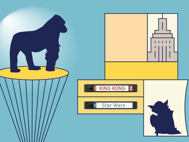 Eine Grafik, auf der der Riesengorilla King Kong, die Science-Fiction-Figur Yoda sowie Videocassetten mit den Aufklebern „Star Wars“ und „King Kong“ zu sehen sind.