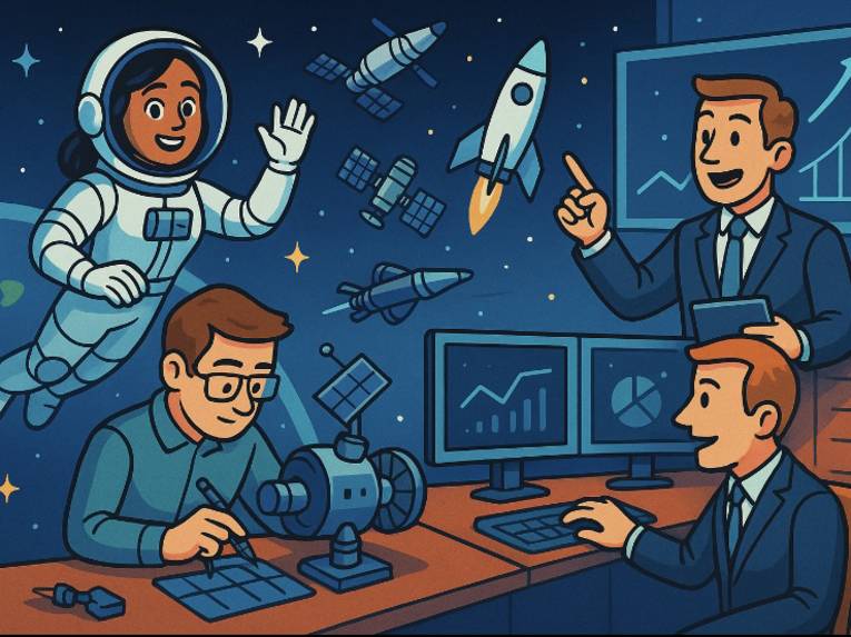 Computergrafik einer Astronautin im Weltraum mit Rakten davor drei Männer in Anzügen an Schreibtischen vor Computern.