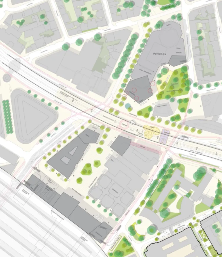 Eine Karte mit einer Hochstraße, Häuserblocks und grünen Kreisen
