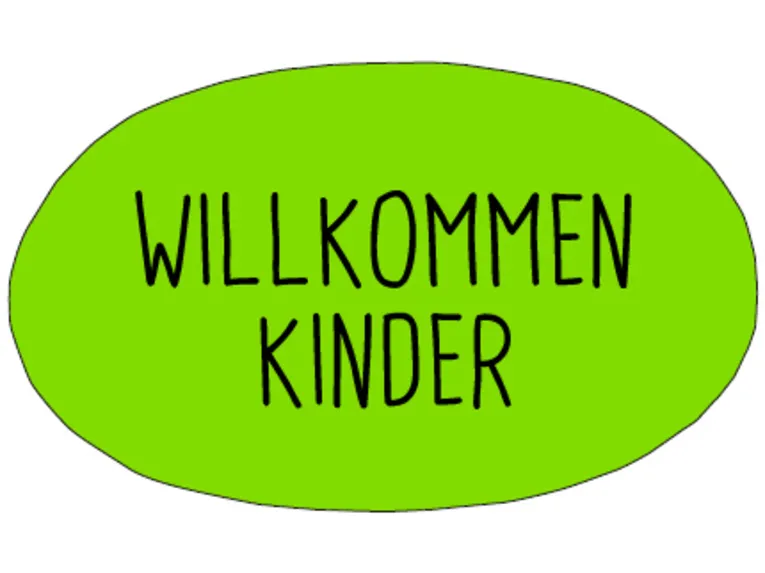 In einem grünen Oval steht der Text "Willkommen Kinder".