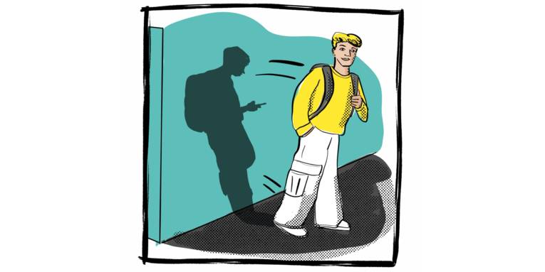 Zeichnung: Eine jugendliche Person geht von einer Wand weg, der Schatten bleibt an der Wand gelehnt zurück und starrt in ein Mobilgerät.