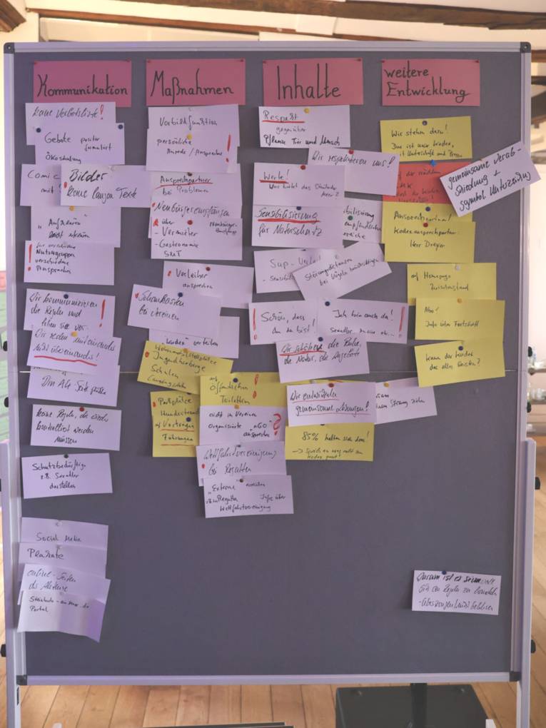 Auf Moderationskärtchen stehen die Ergebnisse eines Workshops. Die Kärtchen sind an eine Metaplanwand gepinnt.